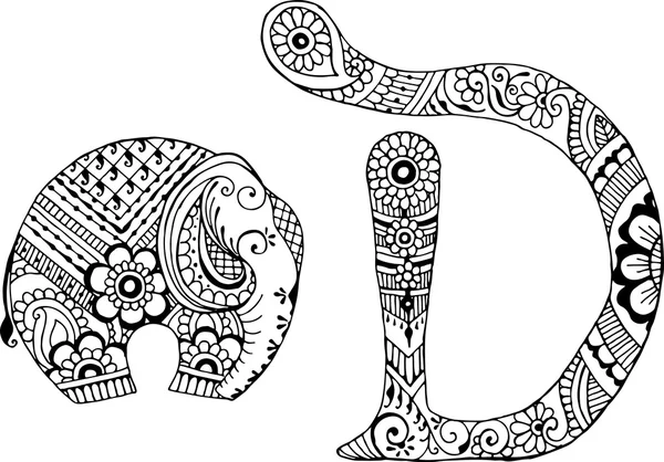 Letra D decorada en el estilo de mehndi — Vector de stock