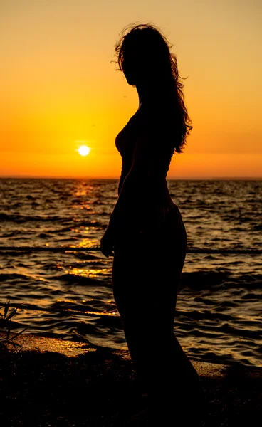 Silhouette of a girl at sunset profile position — Stock Photo, Image