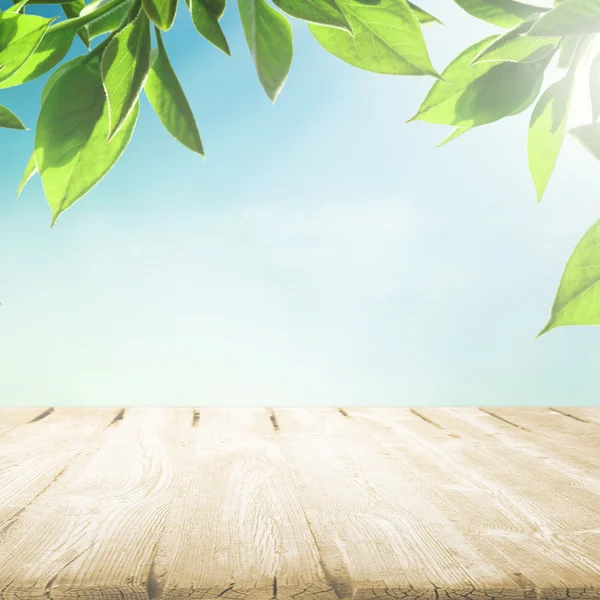 Mesa de madera con hoja de árbol — Foto de Stock