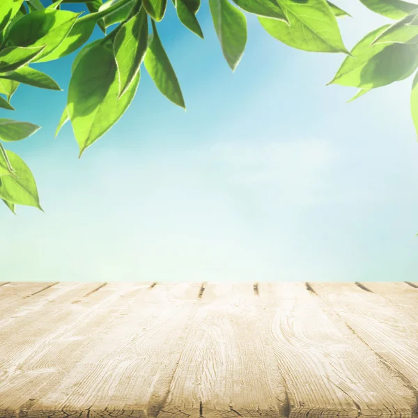 Wooden table with tree leaf — Stock Photo, Image