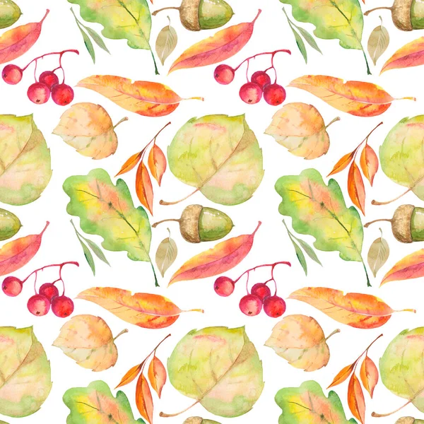 watercolor autumn leaves and berries, seamless pattern