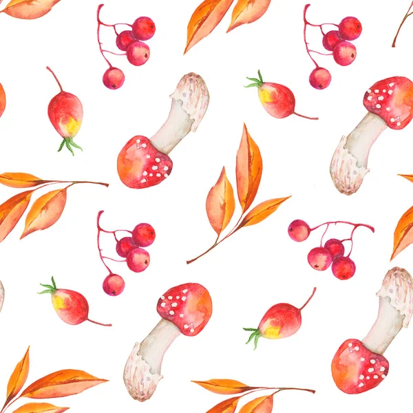 Осіннє червоне листя та ягоди, гриби, безшовний акварельний візерунок — стокове фото