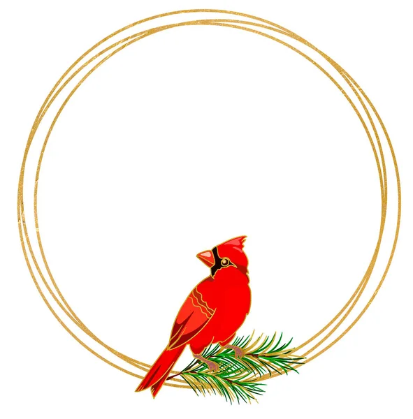 Zlatý Kulatý Rám Červeným Kardinálem Vánoční Ilustrace Vánoční Rámec — Stock fotografie