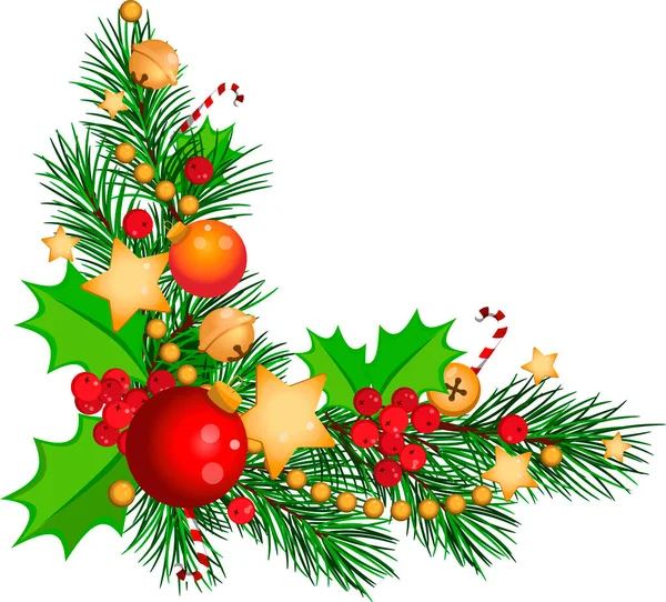モミの枝 キャンディーの杖と黄金のガーランド 冬の植物 松の枝とクリスマスの角度フレーム クリスマスベクトルイラスト — ストックベクタ