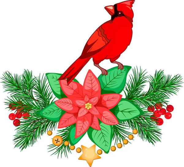基本的な鳥 モミの枝 ポインセチア クリスマスボール ガーランドや鐘とクリスマスの配置 メリークリスマスクリップアート 冬の装飾 ベクタークリップアート — ストックベクタ