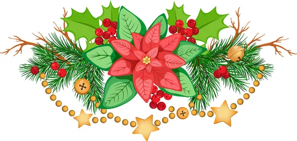 ポインセチア モミの枝 ホリー ベリー ゴールデンガーランドとクリスマスの組成 メリークリスマスクリップアート ポインセチアの花の組成 冬の国境だ ベクタークリップアート — ストックベクタ