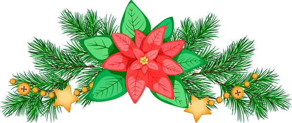 ポインセチア モミの枝 黄金のガーランドとクリスマスの組成 メリークリスマスクリップアート ポインセチアの花の組成 冬の国境だ ベクタークリップアート — ストックベクタ