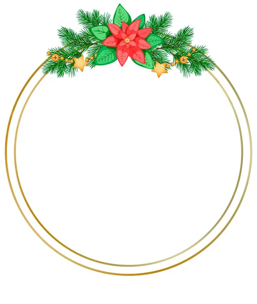 Gouden Ronde Lijst Met Kerstcompositie Met Poinsettia Dennentakken Bessen Bloemenslingers — Stockfoto