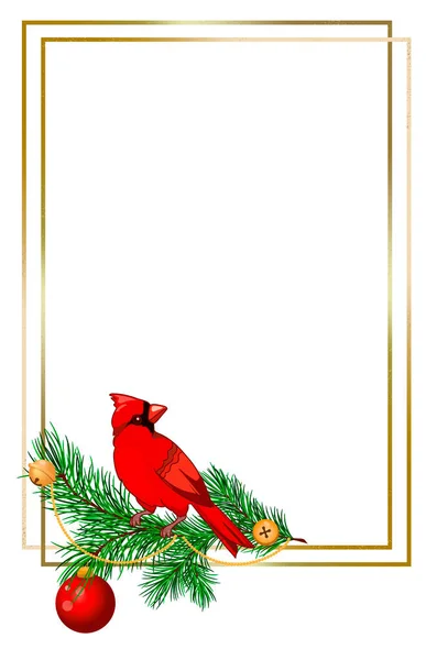 Золота Рамка Різдвяною Композицією Кардинальними Сосновими Гілками Ягодами Золотими Гірляндами — стокове фото