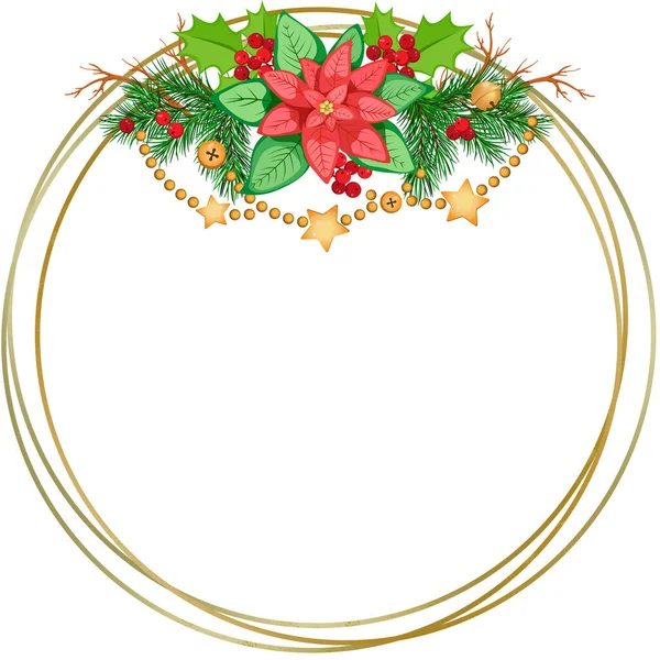 ポインセチア 松の枝 ベリー ゴールデンガーランドとクリスマスの組成を持つ黄金のラウンドフレーム — ストック写真
