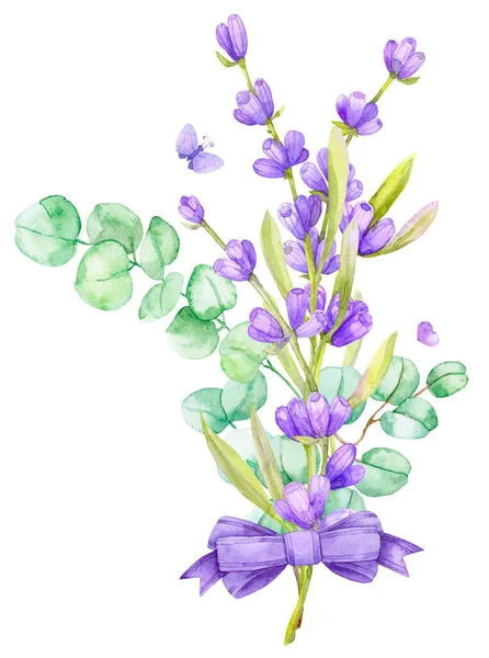 Bouquet Green Eucalyptus Leaves Lilac Lavender Watercolor Illustration Hand Drawn — Zdjęcie stockowe