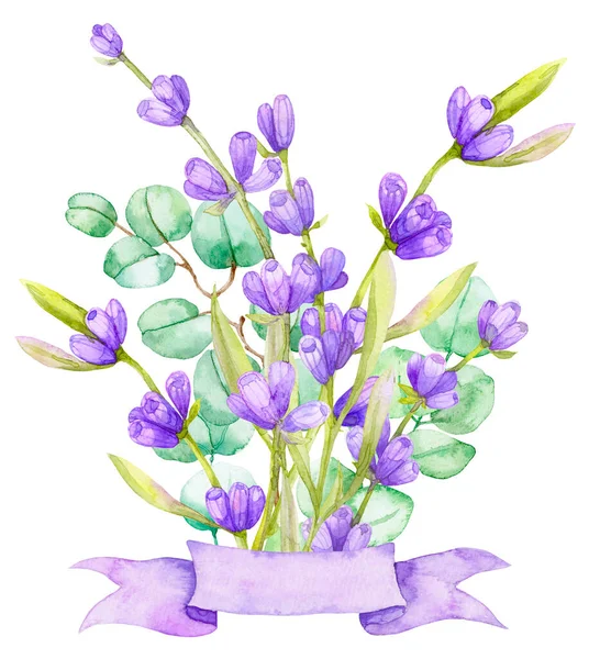Bouquet Green Eucalyptus Leaves Lilac Lavender Watercolor Illustration Hand Drawn — Stockfoto