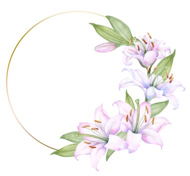 Yuvarlak altın çerçeveli, beyaz ve pembe zambak çiçekli, suluboya resimli. Beyazda izole edilmiş. Düğün davetiyeleri, albümler ve posterler için ideal.