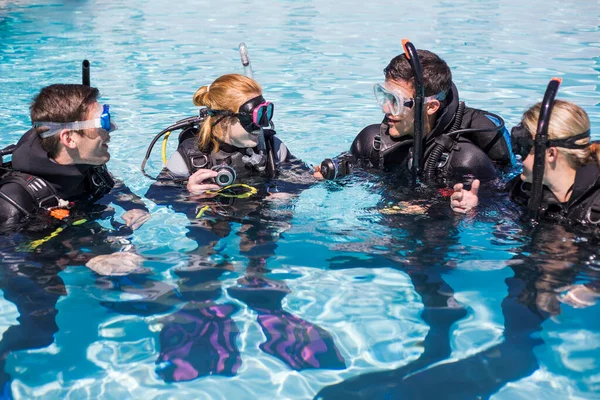 Formation Plongée Dans Une Piscine Avec Groupe Étudiants Interaction — Photo