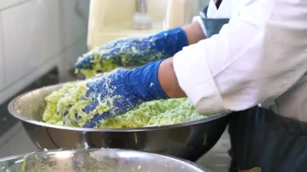 Una donna sta mescolando un'insalata per il ripieno. Produzione di insalata di ravanello — Video Stock