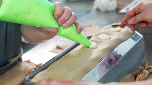 Het maken van knoedels. Plaats de vulling en maak met behulp van speciale apparatuur dumplings — Stockvideo