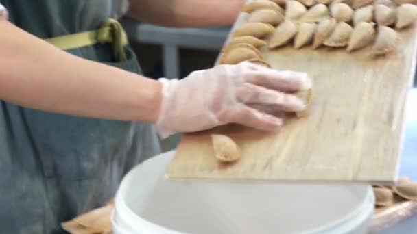 Handgjorda dumplings. Handgjorda dumplings. Små dumplings på en träskiva. — Stockvideo