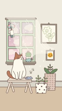 Pencere Duvarındaki Kedi dekoru. Vektör İllüstrasyonu.