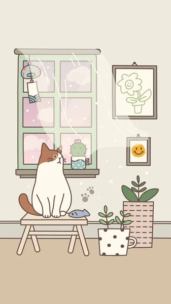 Μια Γάτα Στο Παράθυρο Διακόσμηση Τοίχου Εικονογράφηση Διανύσματος — Διανυσματικό Αρχείο