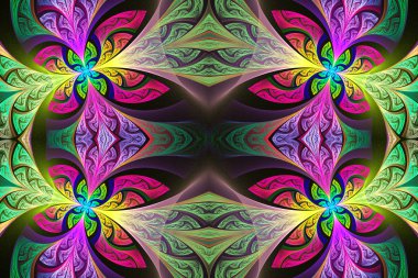 Çok renkli simetrik çiçek deseni vitray pencere içinde 