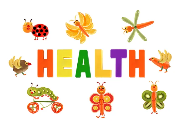 Healthy eating. Little funny vegetables around the word HEALTH — Stock Photo, Image