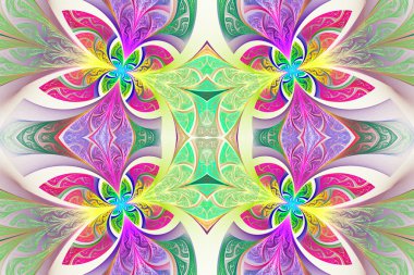 Çok renkli simetrik çiçek deseni vitray pencere içinde 