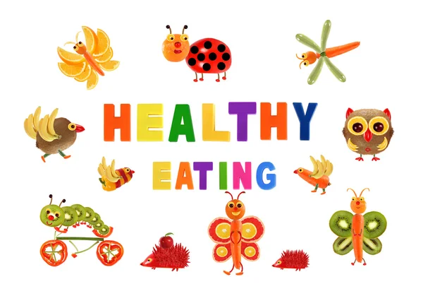 Healthy eating. Little funny vegetables around the word HEALTHY — Stock Photo, Image