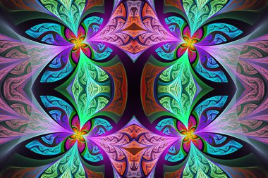 Çok renkli simetrik çiçek deseni vitray pencere içinde 