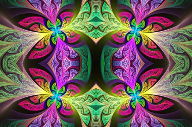 Çok renkli simetrik çiçek deseni vitray pencere içinde 