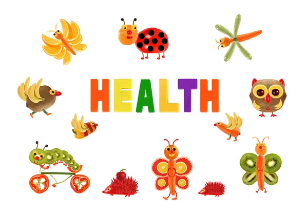 Healthy eating. Little funny vegetables around the word HEALTH — Stock Photo, Image