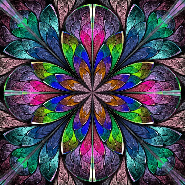Multicolored symmetrical fractal flower in stained-glass window — Stock Photo, Image