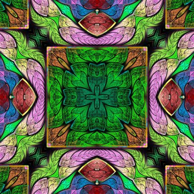 Boyalı cam tarzında çok renkli simetrik geometrik desen. Davetiyeler, defter kapakları, telefon kılıfları, kartpostallar, duvar kağıtları gibi şeyler için kullanabilirsiniz. Yaratıcı tasarım için sanat.