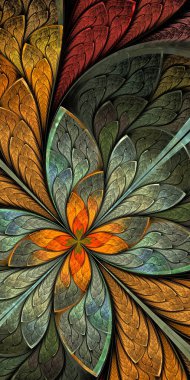 Renkli güzel fraktal çiçek vitray şeklinde. Davetiyeler, defter kılıfları, telefon kılıfı, kartpostallar, duvar kağıtları için kullanabilirsin. Yaratıcı tasarım ve sanat eserleri.