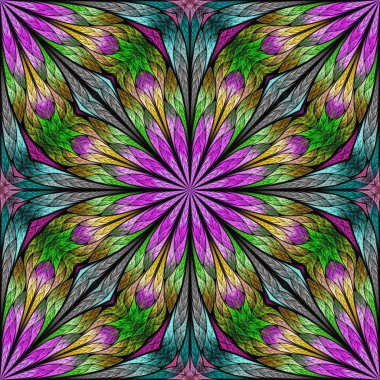 Renkli fraktal çiçek, vitray şeklinde. Davetiyeler, defter kılıfları, telefon kılıfı, kartpostallar, duvar kağıtları için kullanabilirsin. Pembe, yeşil.