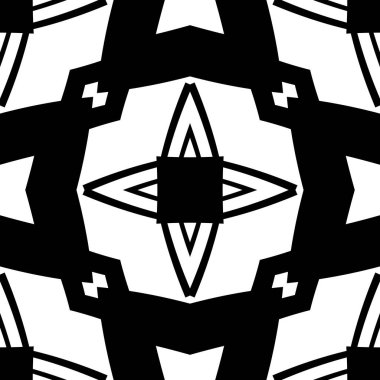 Dekoratif geometrik elementlerle soyut desen. Siyah beyaz süs. Modern stil dokusu tekerrür ediyor. Duvar halısı, yatak örtüsü, kumaş, seramik fayans, yastık için harika.