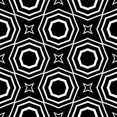 Dekoratif geometrik elementlerle soyut, kusursuz desen. Siyah beyaz süs. Modern stil dokusu tekerrür ediyor. Duvar halısı, yatak örtüsü, kumaş, seramik fayans, yastık için harika.