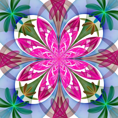 Muhteşem simetrik desen yaprakları. Pembe, mavi ve yeşil