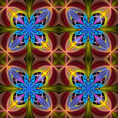 Çiçek yaprakları simetrik desen. Mavi ve kahverengi palet