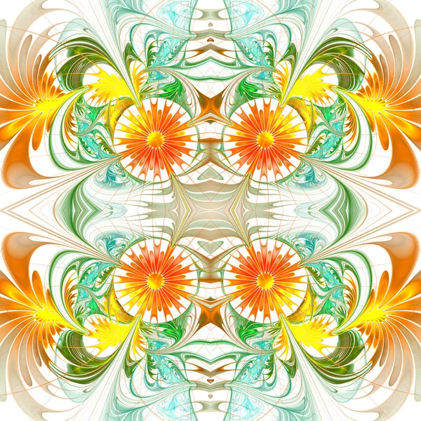花朵图案。橙色和绿色的调色板。分形设计。计算机 — 图库照片