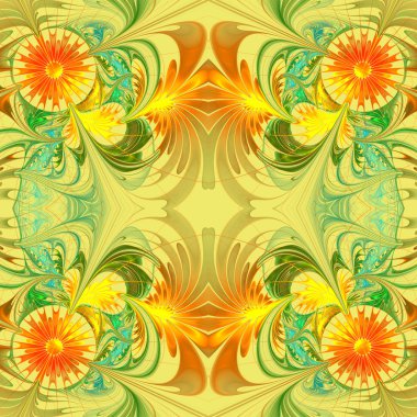 Çiçek deseni. Turuncu ve yeşil palet. Fraktal tasarım. Yüklü
