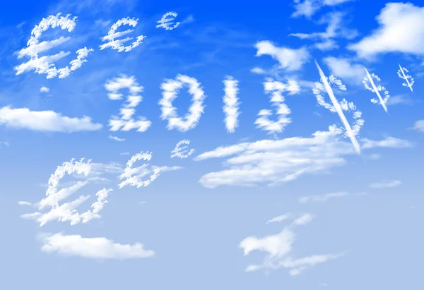 Cloud 2015, Euro and dollar currency symbol shape over blue sky — Stock Photo, Image