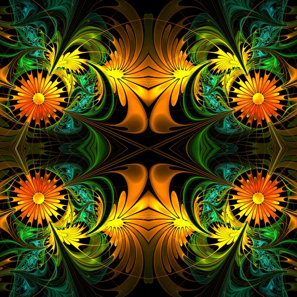 Blütenmuster. orange, grün und schwarz. Fraktales Design. — Stockfoto
