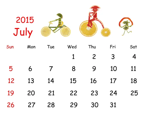 Calendario 2015. Julio. Pequeña gente divertida de verduras y patatas fritas — Foto de Stock