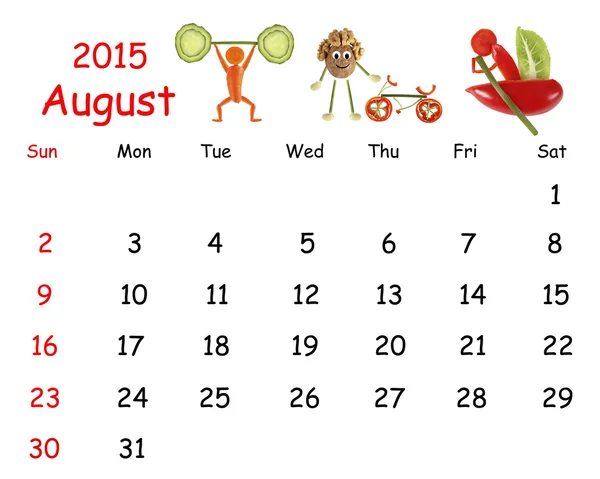 2015 Calendar. August. Little funny people from vegetables and f — Stock Photo, Image