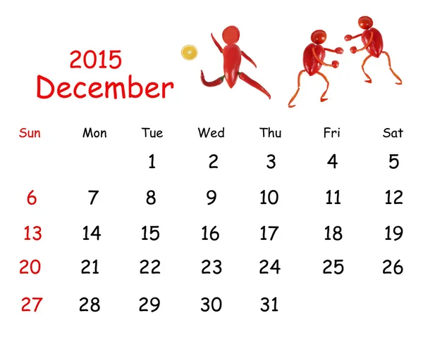 Calendário 2015. Dezembro. Pequenas pessoas engraçadas de legumes e — Fotografia de Stock