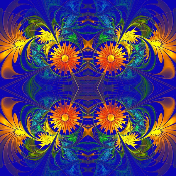 Blütenmuster. Orange und dunkelblaue Palette. Fraktales Design. com — Stockfoto