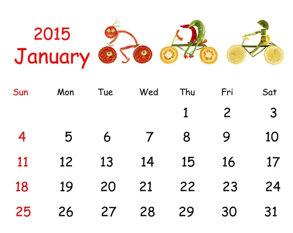 2015 カレンダーです。1 月。野菜から少しおかしい人と — ストック写真