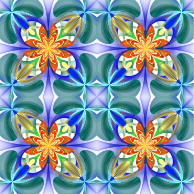 Çiçek yaprakları simetrik desen. Mavi ve turuncu palett