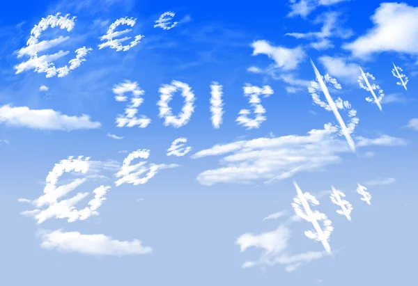 Cloud 2015, Euro and dolldrs currency symbol shape over blue sky — Stock Photo, Image