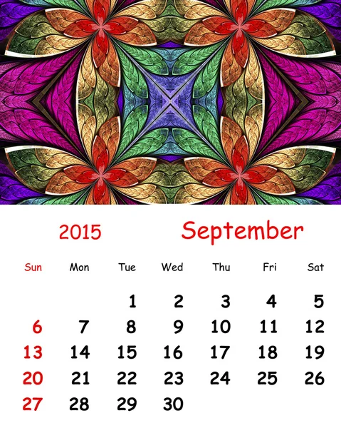 2015 kalender. September.Fractal patroon in gebrandschilderd glas stijl. — Stockfoto